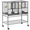 PawHut Double Rolling Metal Bird Cage Large 40.25" H with Storage Shelf Wood Perch Food Container Wheels Black Gray