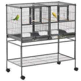 PawHut Double Rolling Metal Bird Cage Large 40.25" H with Storage Shelf Wood Perch Food Container Wheels Black Gray