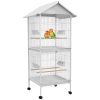 PawHut Wrought Metal Bird Cage Feeder 67" H with Rolling Stand Perches Food Containers Doors Wheels White