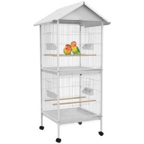 PawHut Wrought Metal Bird Cage Feeder 67" H with Rolling Stand Perches Food Containers Doors Wheels White