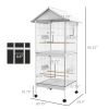 PawHut Wrought Metal Bird Cage Feeder 67" H with Rolling Stand Perches Food Containers Doors Wheels White