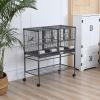 PawHut Double Rolling Metal Bird Cage Large 40.25" H with Storage Shelf Wood Perch Food Container Wheels Black Gray