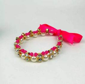 Lovely Pearl Ribbon Necklace (Color: pink, size: medium)