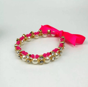 Lovely Pearl Ribbon Necklace (Color: pink, size: large)